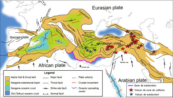 Positions des volcans moyen-orientaux (étoiles rouges) et égéens (étoile bleues) surajoutées à une carte du très complexe contexte géodynamique et des limites de plaques (plaques majeures et micro-plaques) dans tout le domaine méditerranéen et moyen-oriental