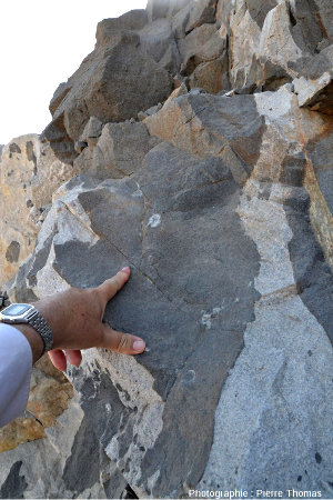 Grosse enclave de gabbro contenant elle-même une petite enclave de granite, route n°49, Oman