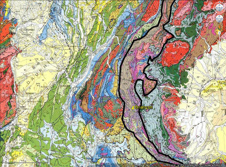 Localisation de Briançon (punaise jaune) et du Briançonnais au sens géologique du terme (entouré de noir) sur la carte géologique de la France au 1/1 000 000