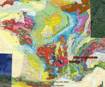Localisation des méta-conglomérats de Perosa Argentina sur fond de carte géologique de la France au 1/1 000 000