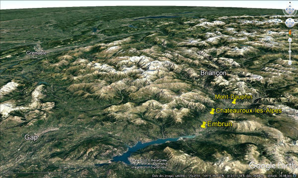 Localisation des terrasses de Mont-Dauphin, de Chateauroux-les-Alpes et d'Embrun dans la moyenne vallée de la Durance dans les Alpes