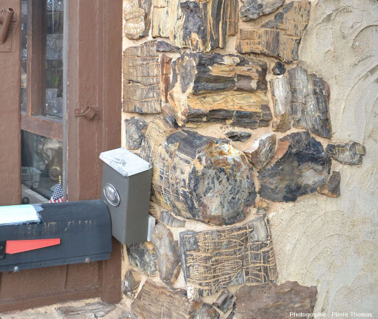 Détail de bois silicifié dans le mur d'une maison de la rue principale de Custer, Dakota du Sud (USA)