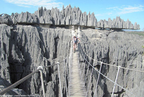 Un sentier a été aménagé dans une petite portion des Tsingy de Bemaraha (Madagascar), avec des échelles, des ponts...