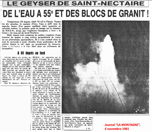 Aperçu d'un article de La Montagne du 6 novembre 1981, le surlendemain du début du fonctionnement du geyser