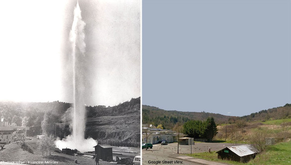 Montage de deux photos du geyser de Saint-Nectaire (Puy de Dôme) prises en direction du Sud