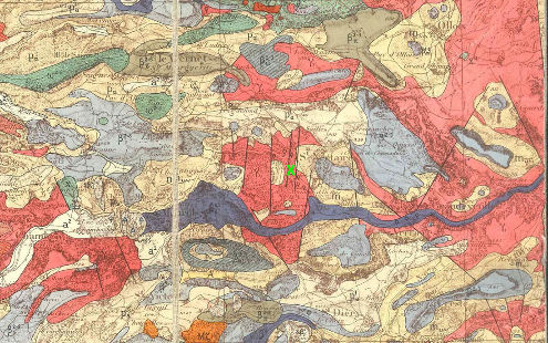 Extrait de la vieille carte géologique Clermont-Ferrand au 1/80 000 (la carte de Veyre-Monton au 1/50 000 n'est pas encore publiée par le BRGM) montrant le site du geyser de Saint-Nectaire (croix verte)