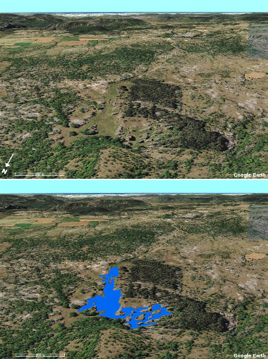 Montage d'une image "brute" (en haut) et de la même image sur laquelle on a rajouté (approximativement) la position du lac des Rives en situation de hautes eaux (niveau de juin 1978)