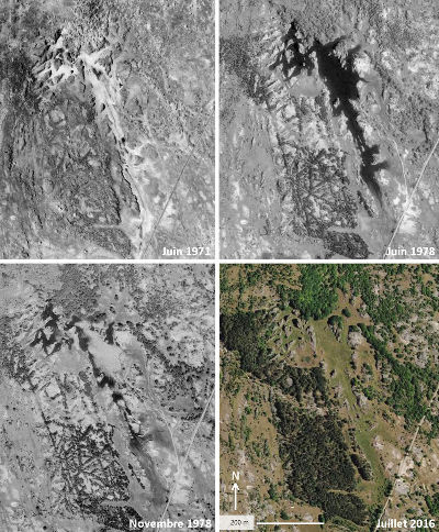 Juxtaposition de 4 photographies aériennes de l'IGN montrant quatre états du petit poljé des Rives en 1971, 1978, et 2016