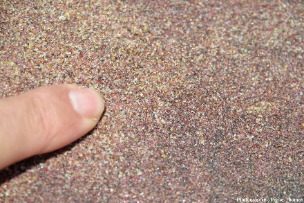 Zoom fait sur ce sable particulièrement riche en grenat et en minéraux noirs, côte namibienne
