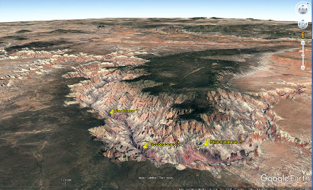 Localisation des trois secteurs où ont été prises les photos précédentes, Grand Canyon du Colorado, Arizona (USA)
