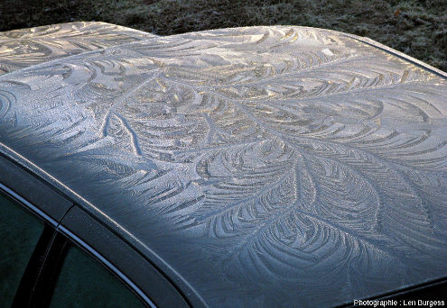 Croissance dendritique de cristaux de givre sur le toit d'une voiture