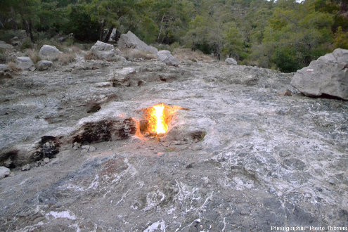 Méthane enflammé brulant au-dessus des serpentinites de Cirali, ophiolite d'Antalya, Turquie