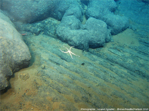 Coulée de lave sous-marine “classique” (avec pillows) recouvrant une coulée de lave cordée sur la dorsale Est Pacifique, 15°N