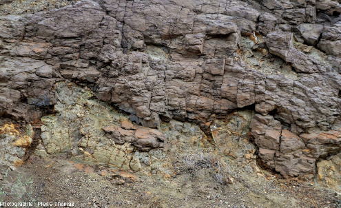 Terres d'ombre moulant des pillow lavas et s'insinuant dans les fissures et vides inter-pillows, région de Marki, ophiolite de Chypre