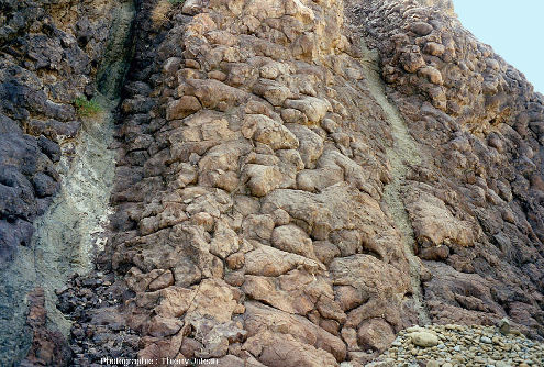 Gros plan sur les filons altérés-érodés de la figure précédente, filons tardifs recoupant la masse des pillow lavas, ophiolite d'Oman, wadi Al Jizi