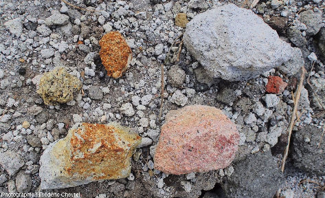 Fragments de dacite différemment altérés, ramassés dans la caldeira du Pinatubo (Philippines)