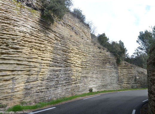 Stratifications obliques sur les parois d'une tranchée de route 200 m au Sud de Saumane de Vaucluse