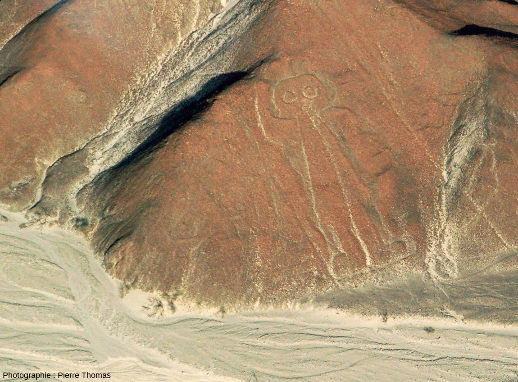 Le « cosmonaute », vue rapprochée, géoglyphe du plateau de Nazca, Pérou