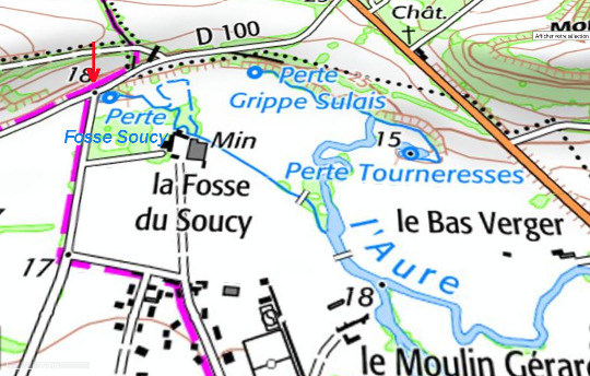 Carte topographique montrant un détail des pertes de l'Aure (Calvados)