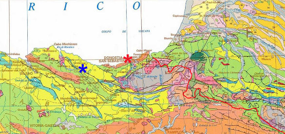 Extrait de la carte géologique de l'Espagne au 1/2 000 000 couvrant le Pays basque de part et d'autre de la frontière franco-espagnole (ligne rouge)