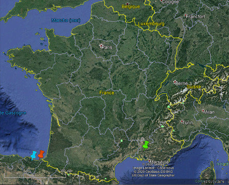 Localisation de Saint-Sébastien (punaise rouge), de la carrière Markina (punaise bleue) et d'Orgon (punaise verte) sur une vue générale élargie de la France