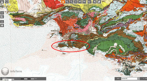 Le cadre géologique des Calanques (ellipse rouge) sur la carte géologique au 1/250 000 de Marseille