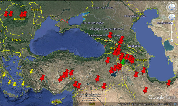 Localisation des volcans actifs au Quaternaire entre la Roumanie et l'Iran, d'après les données du Global Volcanism Program