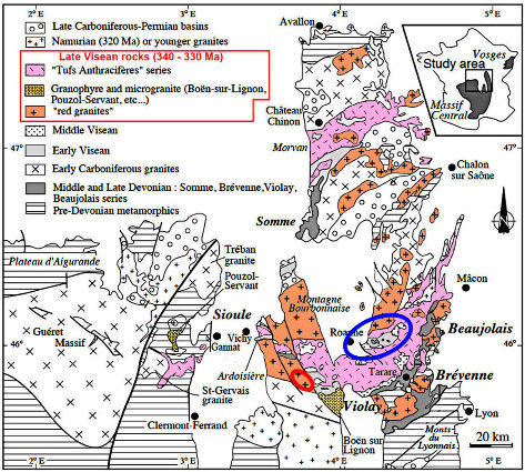 Carte géologique simplifiée du Nord-Est du Massif Central montrant la localisation des roches magmatiques acides du Viséen supérieur (340-330 Ma), roches contemporaines et cogénétiques