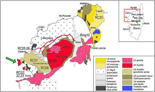 Carte géologique simplifiée des unités U2 et U3 au Nord-Ouest de la Corse