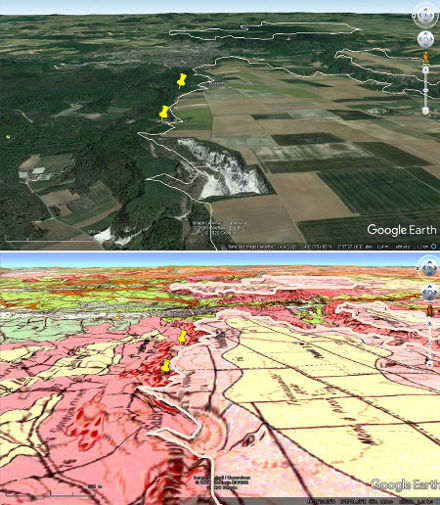 Le cadre géologique des anciennes carrières de Puiselet (punaises jaunes) d'où proviennent les échantillons montrés ici