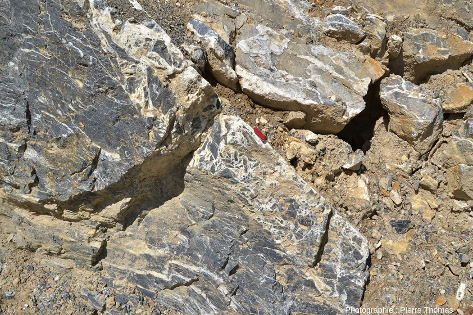 Vue rapprochée sur cette brèche de faille cimentée par la calcite blanche, près de Réotier, Hautes-Alpes