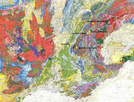 Localisation des sites de prise de vue des photographies des figures précédentes sur la carte géologique du Sud-Est de la France