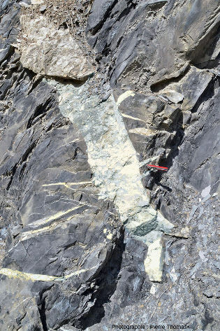 Vue globale sur un filon de quartz + calcite quasi vertical recoupant des marnes noires schistosées liasiques dans la vallée de la Lignarre (entre le col d'Ornon et Bourg-d'Oisans)