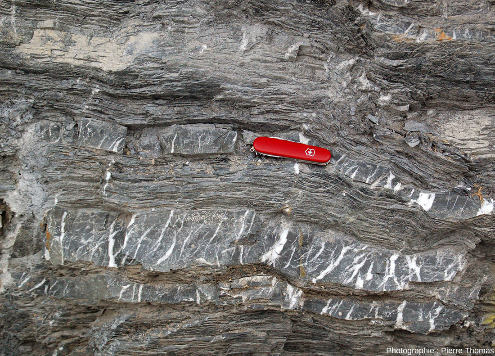 Alternance de couches marneuses schistosées et de bancs calcaires fracturés (calcaires du Jurassique supérieur-Crétacé inférieur subbriançonnais), comme dans les figures 1 à 4, L'Argentière-la-Bessée (Hautes-Alpes)