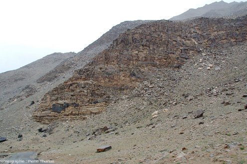 Zoom arrière sur le versant de la vallée du Ladakh des figures 1 et 2 montrant les boudins d'amphibolites emballés dans des gneiss