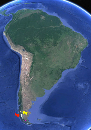 Vue satellite de l'ensemble de l'Amérique du Sud localisant les deux champs de glace de Patagonie (punaises jaune et rouge) et le champ de drumlins (point violet)