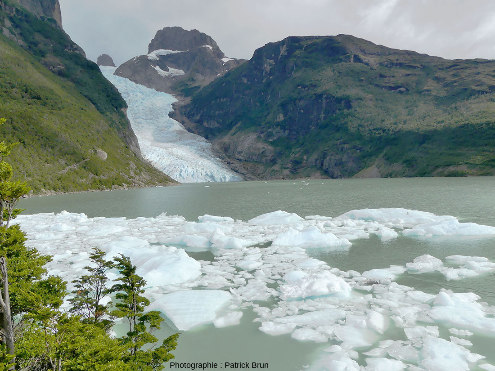 Vue globale sur le glacier Serrano se jetant dans un petit lac (Patagonie, Chili)