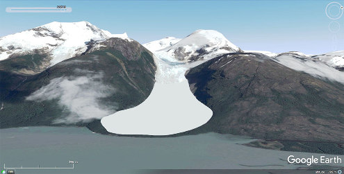 Habillage de la photo précédente avec la langue terminale du glacier telle qu'elle pouvait être dans les années 1850, lors du maximum du Petit Âge Glaciaire