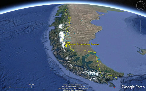 Vue satellite de la Patagonie du Sud, avec le Chili à gauche et l'Argentine à droite