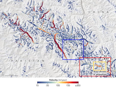 Vitesse d'écoulement de glaciers mesurée d'après des images satellite (Landsat 5 et 7)