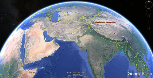 Localisation du Karakoram, à l'extrême Nord-Ouest de l'Himalaya, au niveau des frontières (contestées) sino-indo-pakistanaises