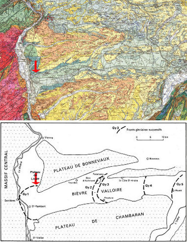 Juxtaposition d'un extrait de la carte géologique Lyon au 1/250 000 (en haut) et du schéma de la page 16 de la notice de la carte géologique de Serrières (en bas)