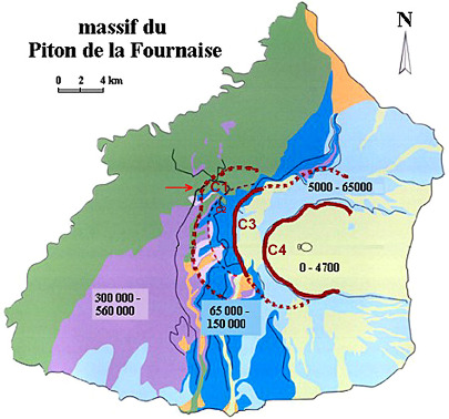 Carte volcano-structurale du massif du Piton de la Fournaise, ile de La Réunion
