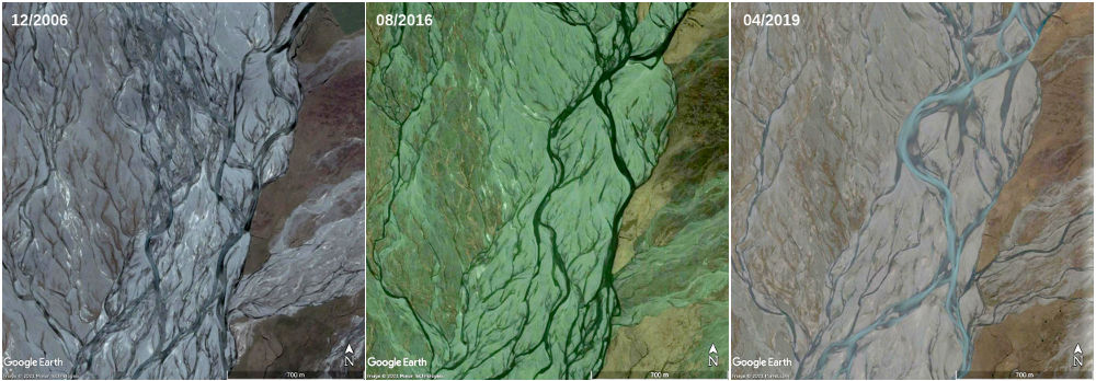 Montage montrant le même site à 3 dates différentes et mettant en évidence le déplacement des chenaux en tresses dans le lit de la Godley River, Nouvelle-Zélande