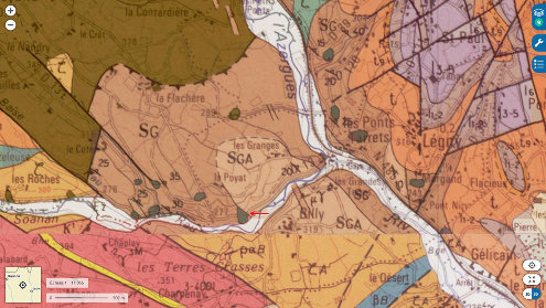 Extrait de la carte géologique d'Amplepuis montrant le secteur des Ponts Tarrets