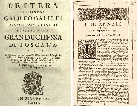 Premières pages de deux livres écrits au XVIIe siècle montrant deux manières d'aborder les relations entre science et religion