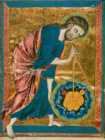 Dieu, architecte de l'Univers, enluminure extraite de la Bible moralisée de Vienne (codex 2554), 1re moitié du XIIIe siècle