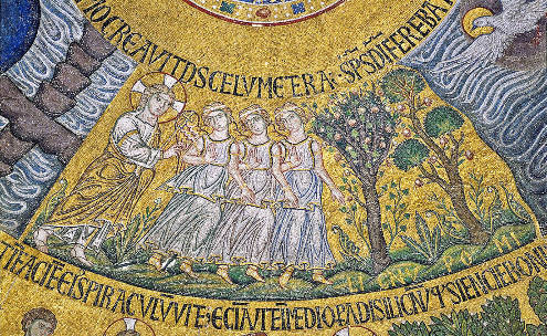 Le 3e jour, Dieu, entouré de ses anges, crée les plantes, mosaïque de Saint Marc de Venise (entre 1215 et 1235)