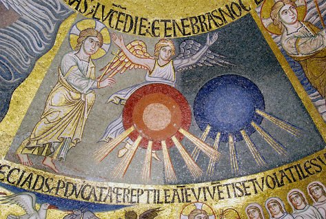 Le 4e jour, Dieu crée les grand et petit luminaires, le Soleil et la Lune, basilique Saint Marc de Venise (entre 1215 et 1235)