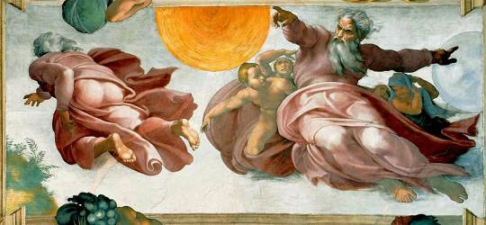Le 4e jour, Dieu crée les grand et petit luminaires, le Soleil et la Lune, par Michel Ange entre 1508 et 1512, plafond de la Chapelle Sixtine (Vatican)